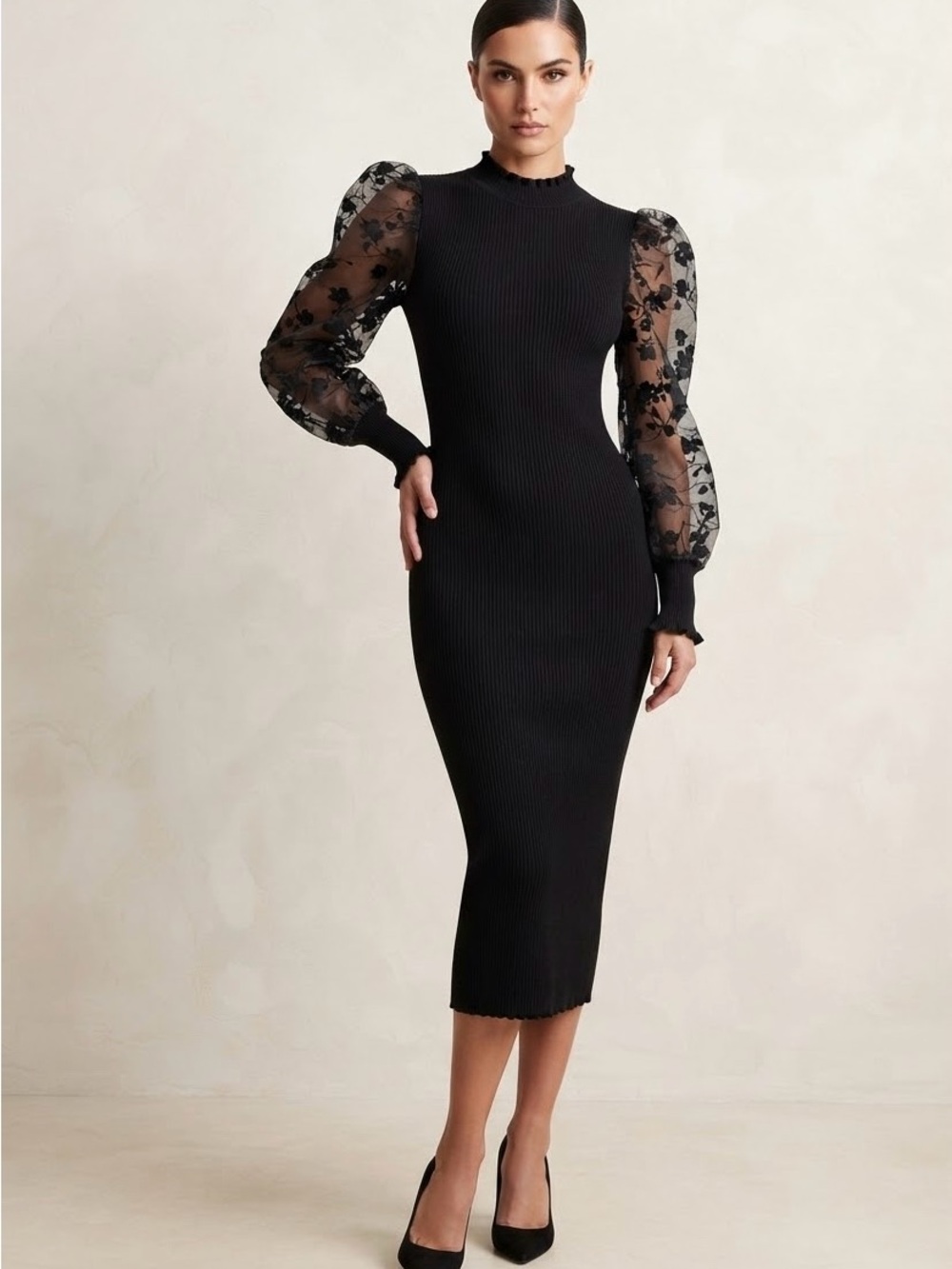 Almost Famous Black Ribbed Midi Dress with Sheer Floral Puff Sleeves